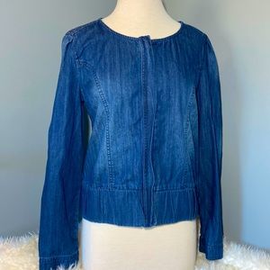 Khloe Kardashian (Kardashian Kollection) collarless bomber jean jacket.